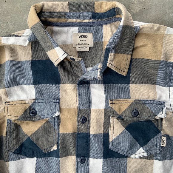 Vans Men's Blue White and Beige Plaid Flannel Long Sleeve Button Down Button up - Picture 2 of 4